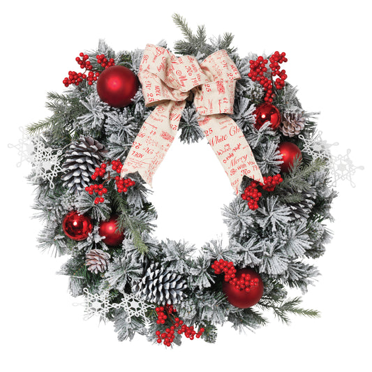 Flocked Pine Vintage Wreath w/ Red Bow