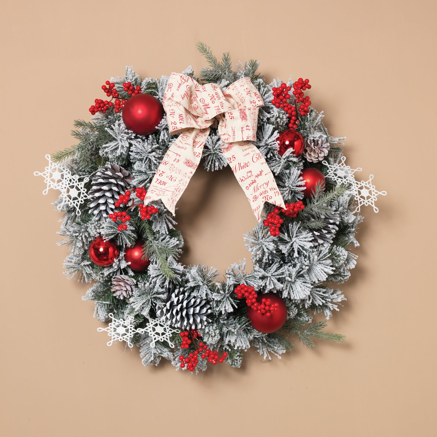 Flocked Pine Vintage Wreath w/ Red Bow