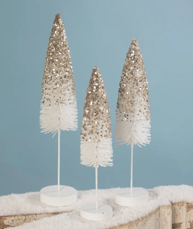 Platinum Glitter Flocked Bottle Brush Trees Set