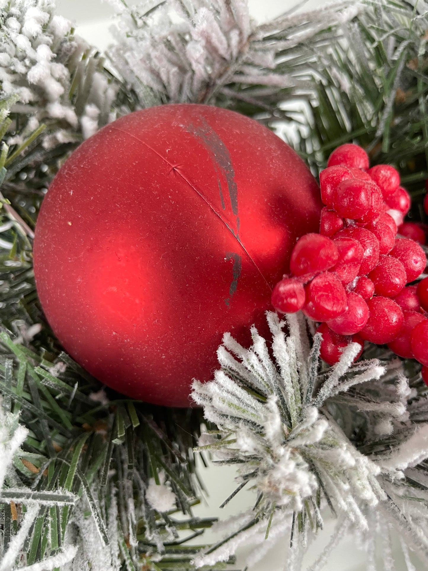 Flocked Pine Vintage Wreath w/ Red Bow