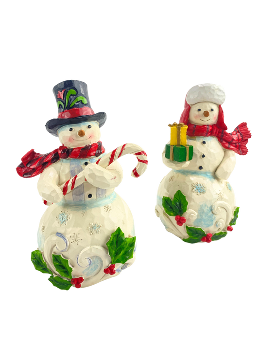 Set of Two Carved Snowman Decor