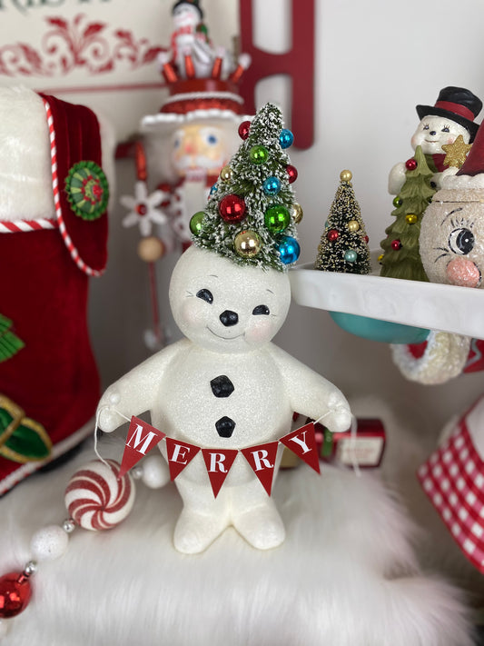 Retro Merry Snowman With Tree Medium