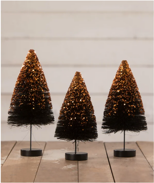 Black Bottle Brush Trees with Orange Glitter